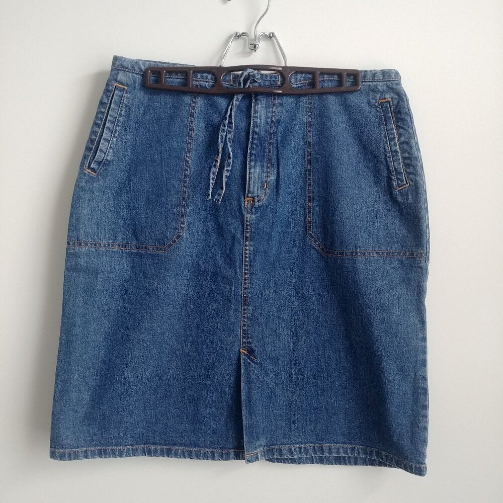 Cherokee 98% cotton denim blue jean skirt tie waist front slit pockets 10